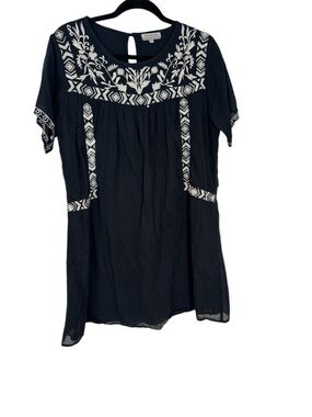 Cost Plus World Market Black Tunic with White Embroidered Yoke